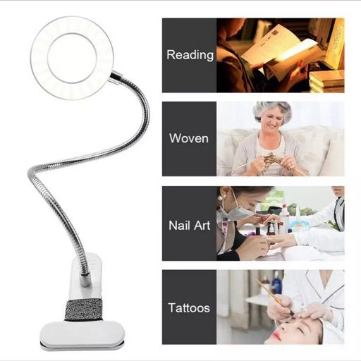 Lámpara versátil con clip ajustable, ideal para lectura, maquillaje, tatuajes y más.
