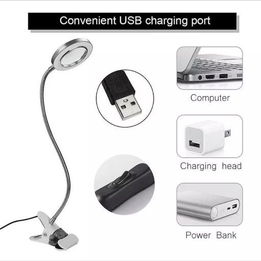 Lámpara versátil con clip ajustable, ideal para lectura, maquillaje, tatuajes y más.
